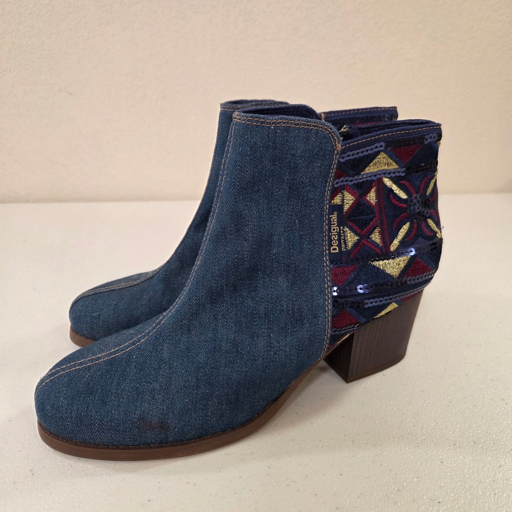 Desigual Denim Embroidered Ankle Boots Blue Geometric Sequin Block Heel EU 41